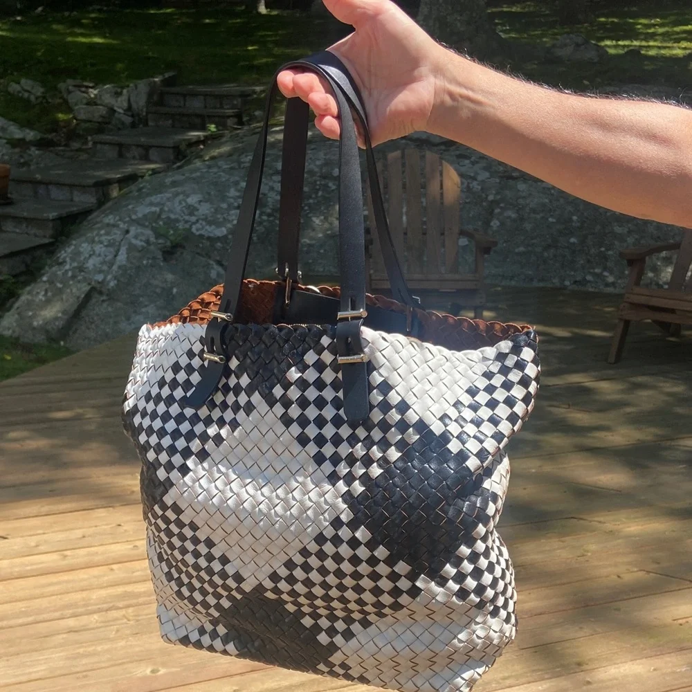 Furla Black & White Woven Leather Tote